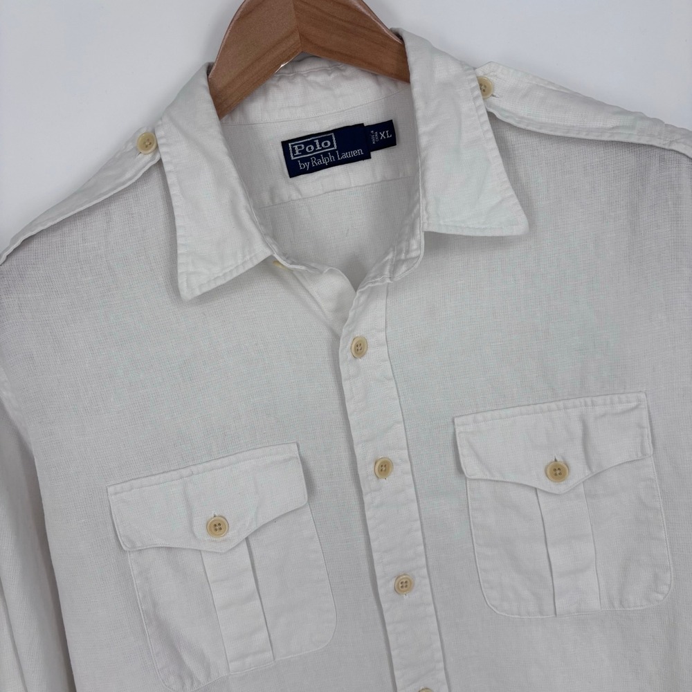 Vintage Polo Ralph Lauren Linen Cotton Safari Shirt Mens XL White Epaulet Shirt